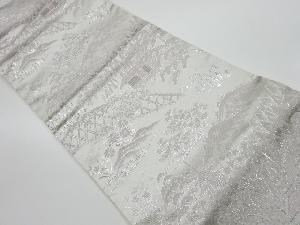 リサイクル　未使用品　プラチナ銀箔二重織風景模様織出し袋帯（未仕立て）